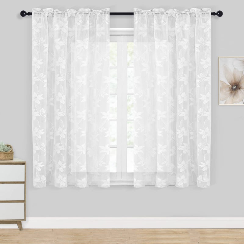 DWCN White Short Sheer Curtains for Kitchen - Floral Lace Design Rod Pocket Window Voile Sheer Drapes for Living Room Kitchen Short Curtains 42 x 45 inch Length, Set of 2, White - Image 1